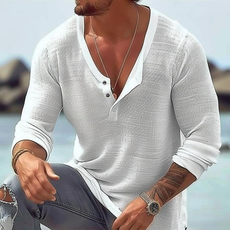 Herren Langarmshirt V-Ausschnitt | Lässiges Sommerhemd atmungsaktiv weiß [ Herrenkollektion - Leinenhemden - Langarmhemden ] 88 - Herren Langarmshirt V-Ausschnitt Gratti Paris 