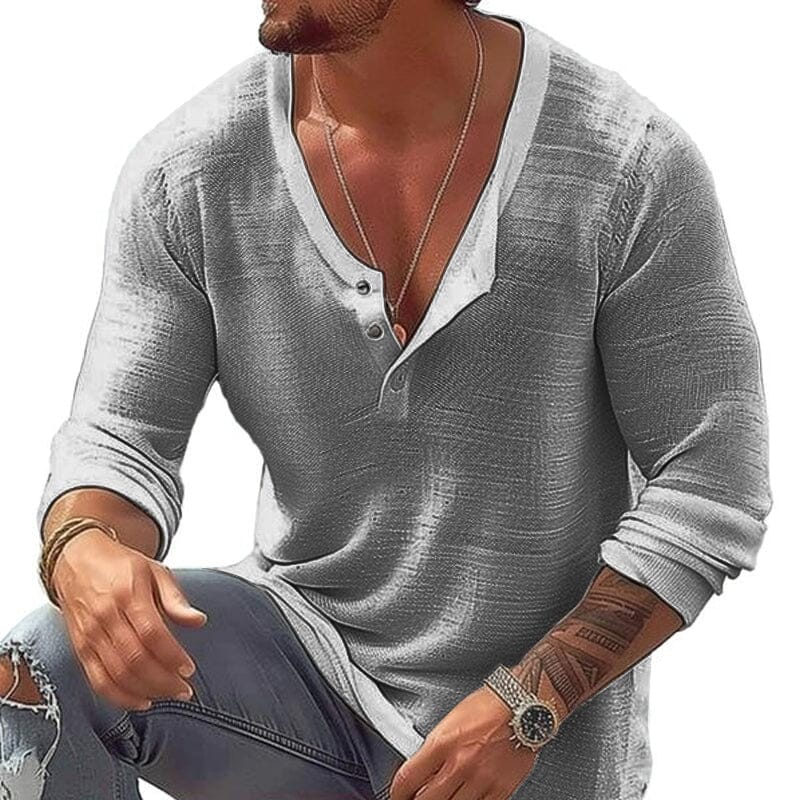 Herren Langarmshirt V-Ausschnitt | Lässiges Sommerhemd atmungsaktiv weiß [ Herrenkollektion - Leinenhemden - Langarmhemden ] 88 - Herren Langarmshirt V-Ausschnitt Gratti Paris Hellgrau S 