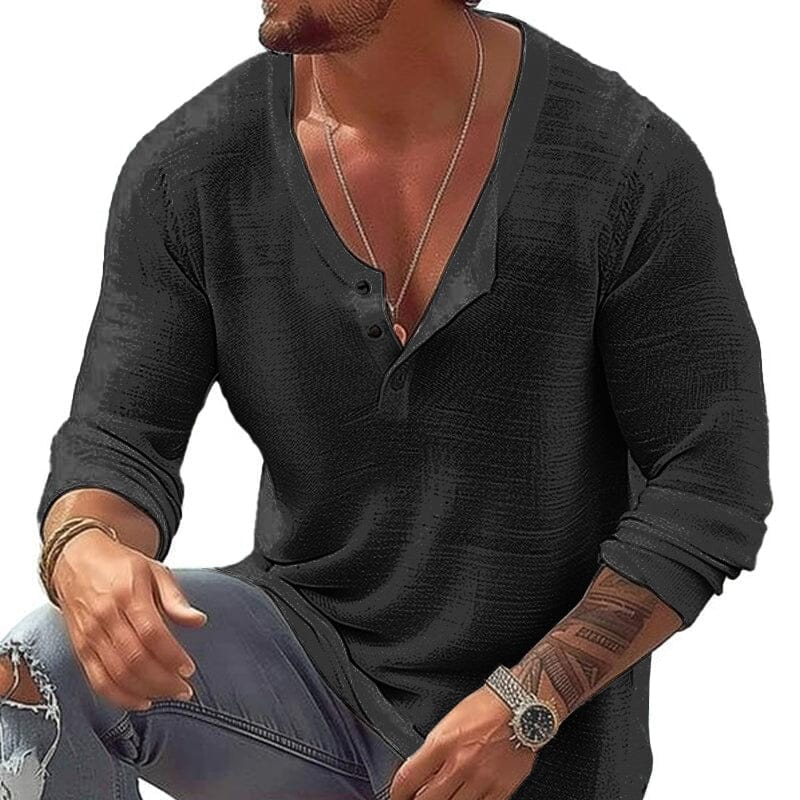 Herren Langarmshirt V-Ausschnitt | Lässiges Sommerhemd atmungsaktiv weiß [ Herrenkollektion - Leinenhemden - Langarmhemden ] 88 - Herren Langarmshirt V-Ausschnitt Gratti Paris Schwarz S 