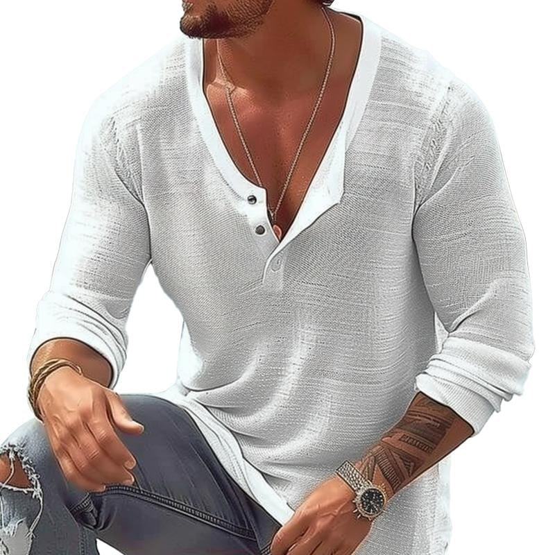 Herren Langarmshirt V-Ausschnitt | Lässiges Sommerhemd atmungsaktiv weiß [ Herrenkollektion - Leinenhemden - Langarmhemden ] 88 - Herren Langarmshirt V-Ausschnitt Gratti Paris Weiß S 