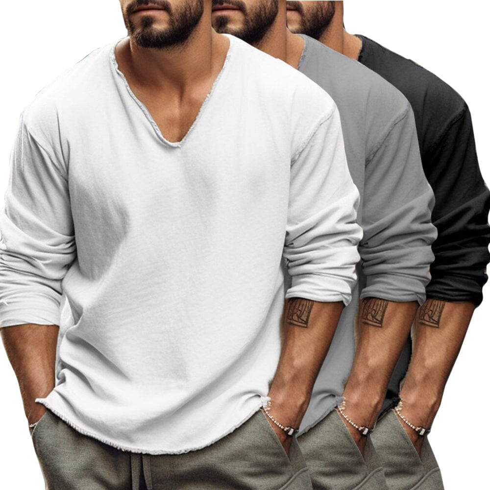 Herren Langarmshirt V-Ausschnitt | Lässiges T-Shirt mit offenem Saum weiß [ Herrenkollektion - Langarmhemden - Sommerlangarm ] 40 - Herren Langarmshirt V-Ausschnitt Gratti Paris 