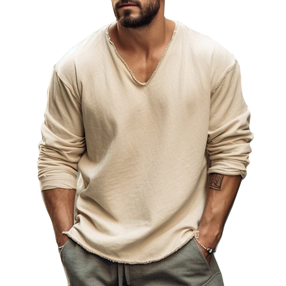 Herren Langarmshirt V-Ausschnitt | Lässiges T-Shirt mit offenem Saum weiß [ Herrenkollektion - Langarmhemden - Sommerlangarm ] 40 - Herren Langarmshirt V-Ausschnitt Gratti Paris Beige S 