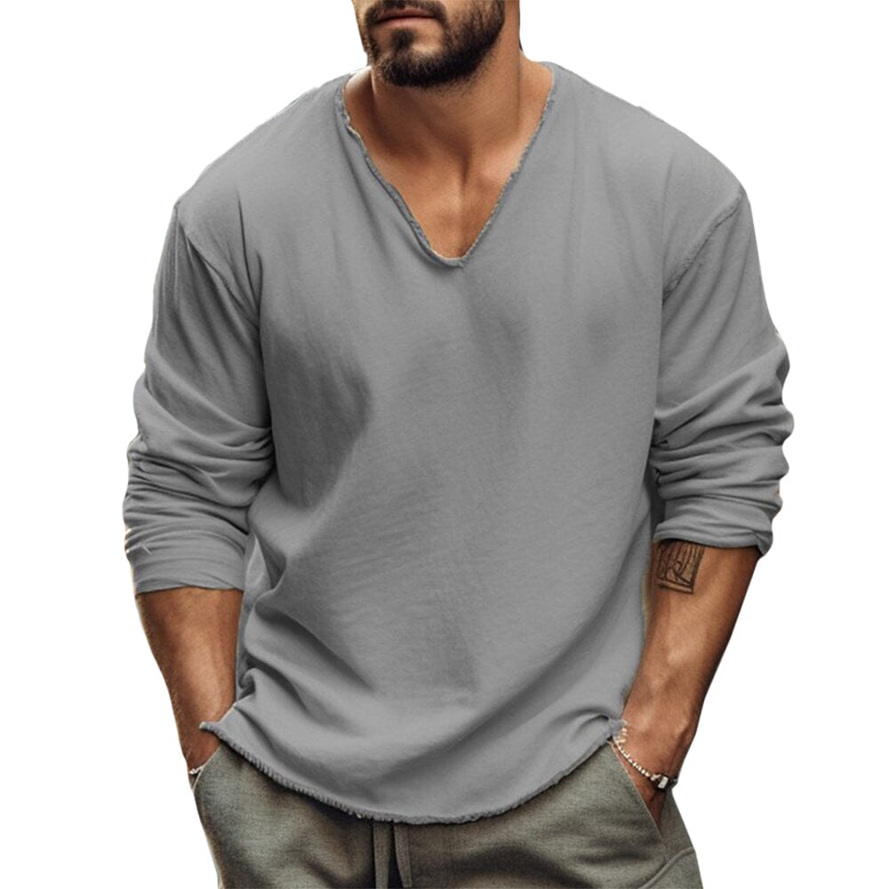 Herren Langarmshirt V-Ausschnitt | Lässiges T-Shirt mit offenem Saum weiß [ Herrenkollektion - Langarmhemden - Sommerlangarm ] 40 - Herren Langarmshirt V-Ausschnitt Gratti Paris Grau S 