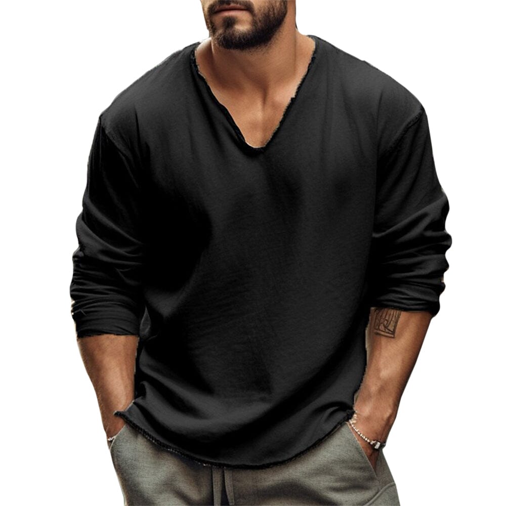 Herren Langarmshirt V-Ausschnitt | Lässiges T-Shirt mit offenem Saum weiß [ Herrenkollektion - Langarmhemden - Sommerlangarm ] 40 - Herren Langarmshirt V-Ausschnitt Gratti Paris Schwarz S 