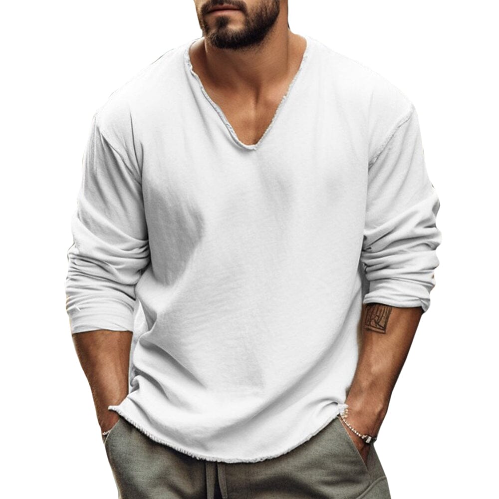 Herren Langarmshirt V-Ausschnitt | Lässiges T-Shirt mit offenem Saum weiß [ Herrenkollektion - Langarmhemden - Sommerlangarm ] 40 - Herren Langarmshirt V-Ausschnitt Gratti Paris Weiß S 