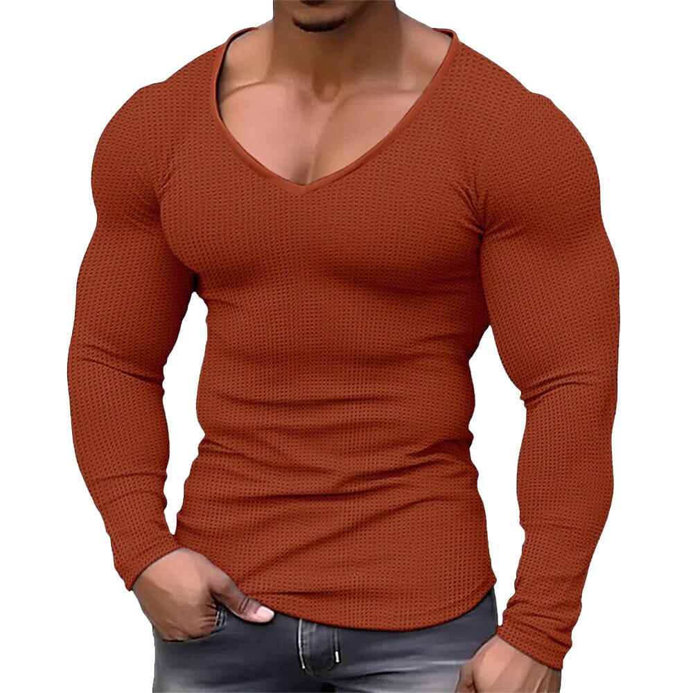 Herren Langarmshirt V-Ausschnitt Slim Fit | Muskelshirt mit Waffelstruktur [ Herrenkollektion - Hemden - Langarmhemden ] 7 - Herren Langarmshirt V-Ausschnitt Slim Fit Gratti Paris Rot S 