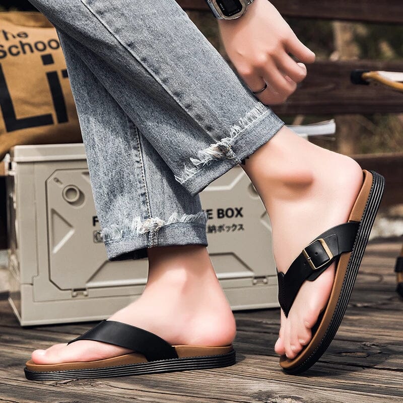 Herren Ledersandalen mit Zehensteg | Bequeme Sommerschuhe schwarz [ Herrenkollektion - Schuhe - Sandalen ] 257 - Herren Ledersandalen mit Zehensteg Gratti Offiziell 