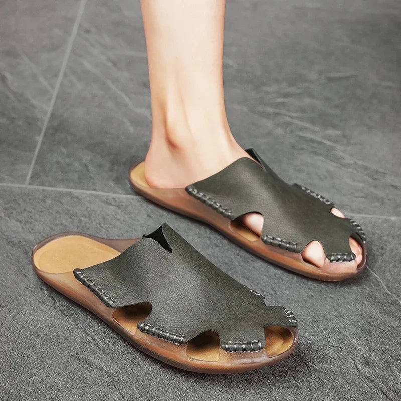 Herren Ledersandalen | Robuste Pantoletten mit Riemen grün [ Herrenkollektion - Schuhe - Sandalen ] 256 - Herren Ledersandalen Gratti Offiziell 