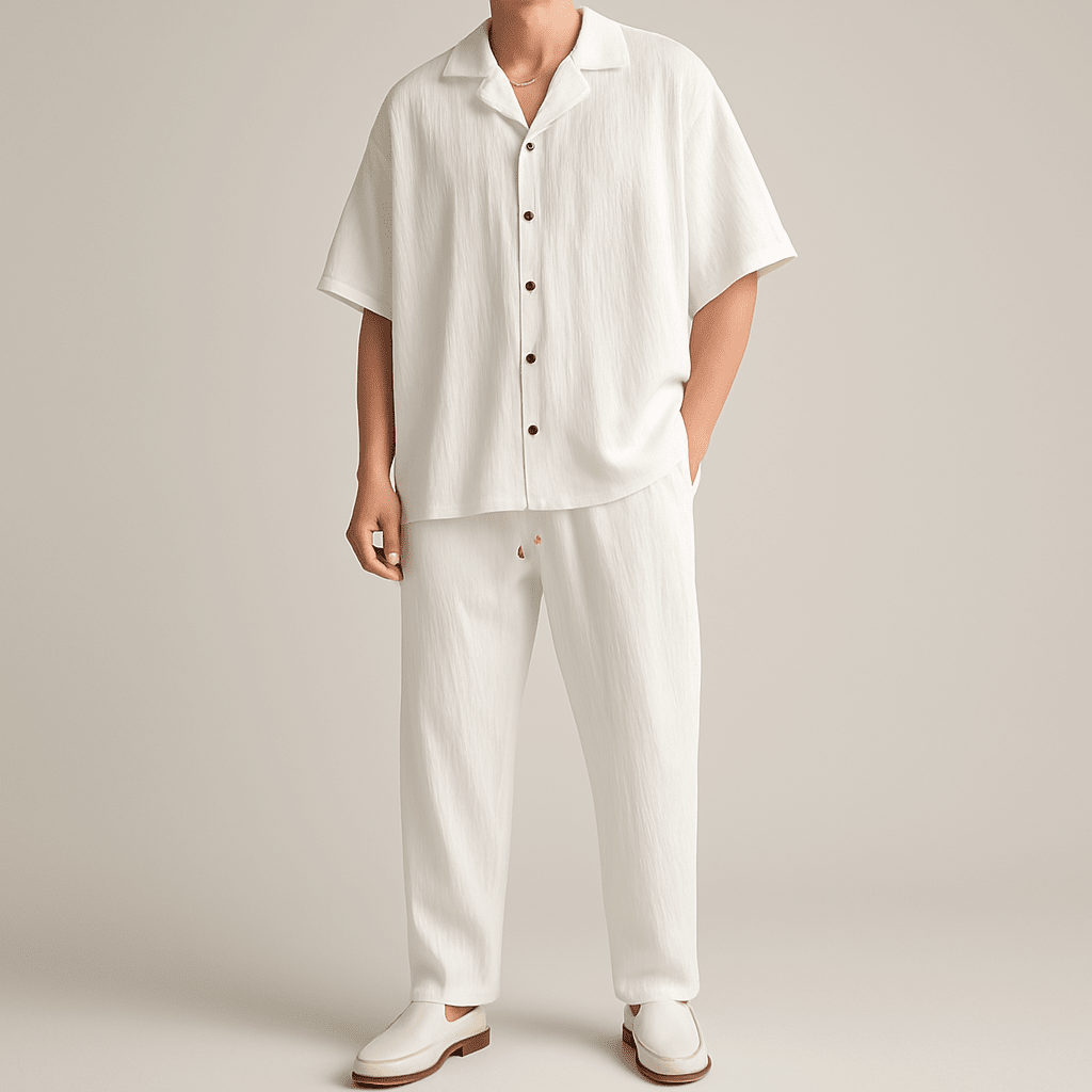 Herren Leinen Set Kurzarm | Oversized Sommer Outfit weiß [ Herrenkollektion - Leinensets - Frühling & Sommer '25 ] 290 - Herren Leinen Set Kurzarm Gratti Offiziell 