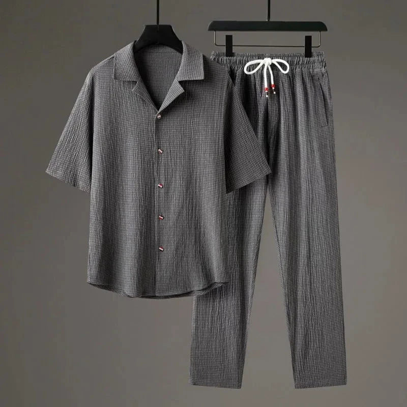 Herren Leinen Set Kurzarm | Oversized Sommer Outfit weiß [ Herrenkollektion - Leinensets - Frühling & Sommer '25 ] 290 - Herren Leinen Set Kurzarm Gratti Offiziell Gray XS 
