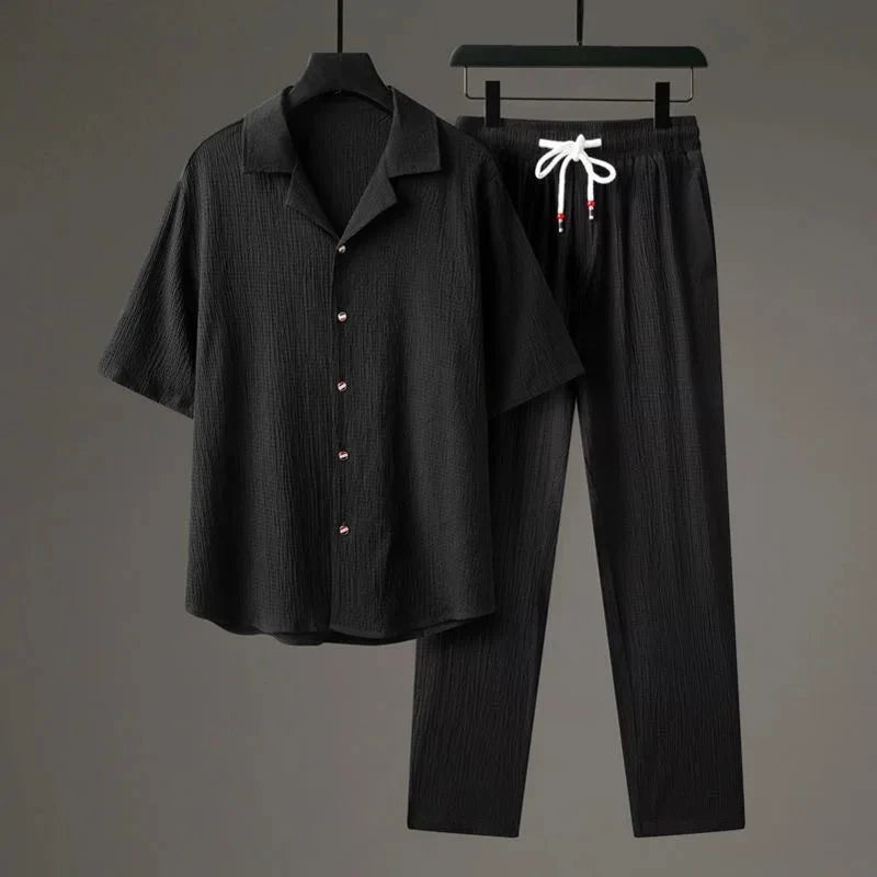 Herren Leinen Set Kurzarm | Oversized Sommer Outfit weiß [ Herrenkollektion - Leinensets - Frühling & Sommer '25 ] 290 - Herren Leinen Set Kurzarm Gratti Offiziell Schwarz XS 