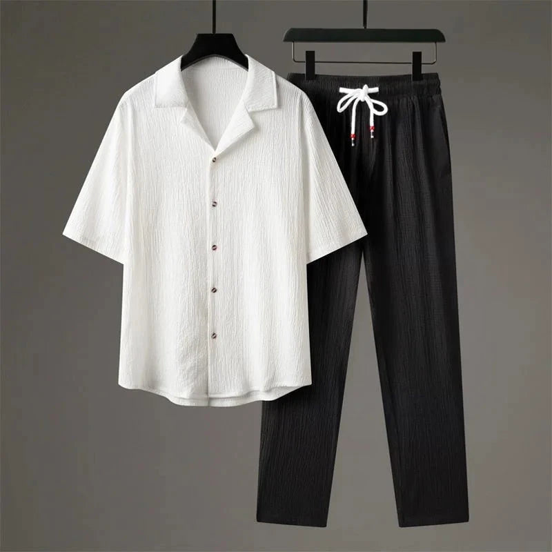 Herren Leinen Set Kurzarm | Oversized Sommer Outfit weiß [ Herrenkollektion - Leinensets - Frühling & Sommer '25 ] 290 - Herren Leinen Set Kurzarm Gratti Offiziell Weiß/Schwarz XS 
