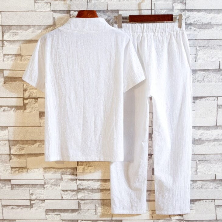 Herren Leinen Set mit Stehkragen | Lässiges Sommer Outfit Weiß [ Herrenkollektion - Leinensets - Frühling & Sommer '25 ] 162 - Herren Leinen Set mit Stehkragen Gratti Paris 