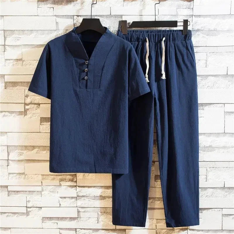 Herren Leinen Set mit Stehkragen | Lässiges Sommer Outfit Weiß [ Herrenkollektion - Leinensets - Frühling & Sommer '25 ] 162 - Herren Leinen Set mit Stehkragen Gratti Paris Marineblau XS 