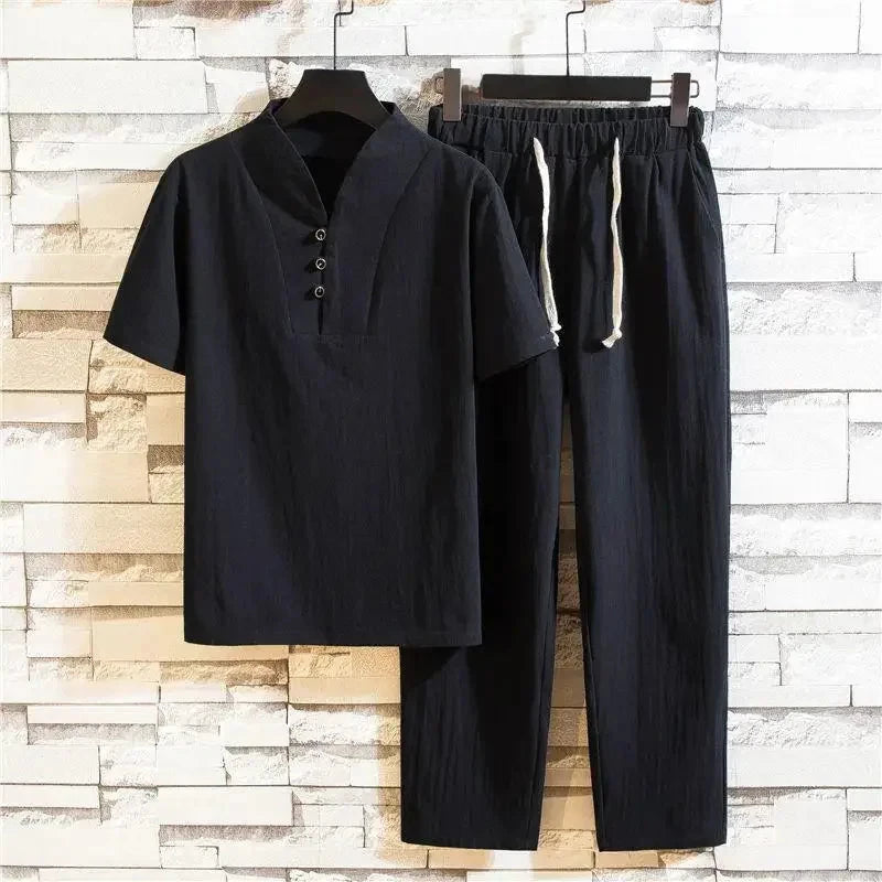 Herren Leinen Set mit Stehkragen | Lässiges Sommer Outfit Weiß [ Herrenkollektion - Leinensets - Frühling & Sommer '25 ] 162 - Herren Leinen Set mit Stehkragen Gratti Paris Schwarz XS 