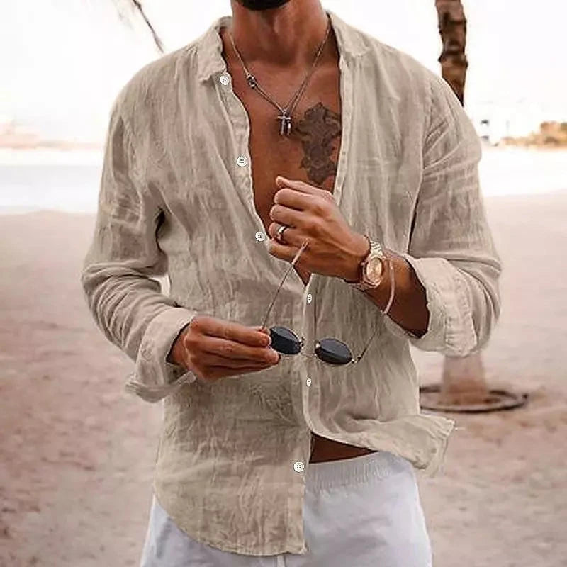 Herren Leinenhemd 100% Leinen | Lässiges Sommerhemd atmungsaktiv grau [ Herrenkollektion - Leinenhemden - Langarmhemden ] 186 - Herren Leinenhemd 100% Leinen Gratti Berlin Hellkhaki XS 