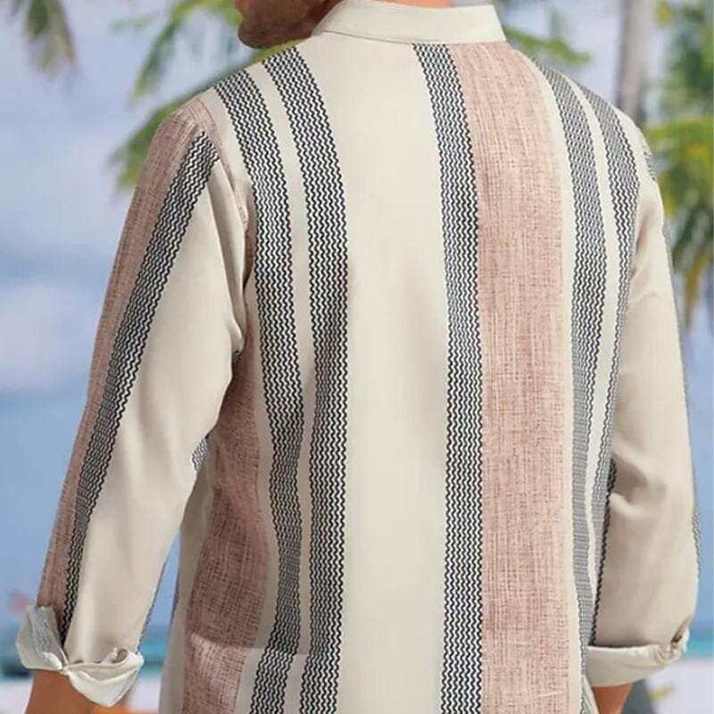Herren Leinenhemd gestreift | Lässiges Sommerhemd mit V-Ausschnitt [ Herrenkollektion - Leinenhemden - Langarmhemden ] 91 - Herren Leinenhemd gestreift Gratti Paris 