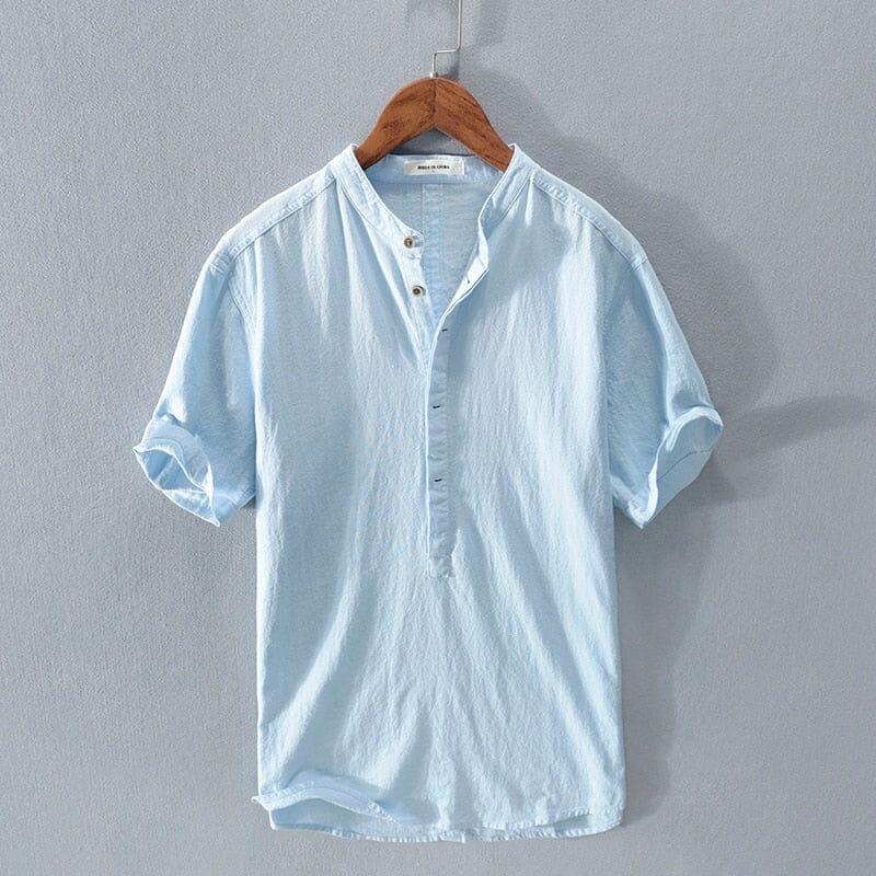 Herren Leinenhemd Kurzarm | Lässiges Sommerhemd mit Stehkragen [ Herrenkollektion - Leinenhemden - Frühling & Sommer '25 ] 27 - Herren Leinenhemd Kurzarm Gratti Paris Blau S 
