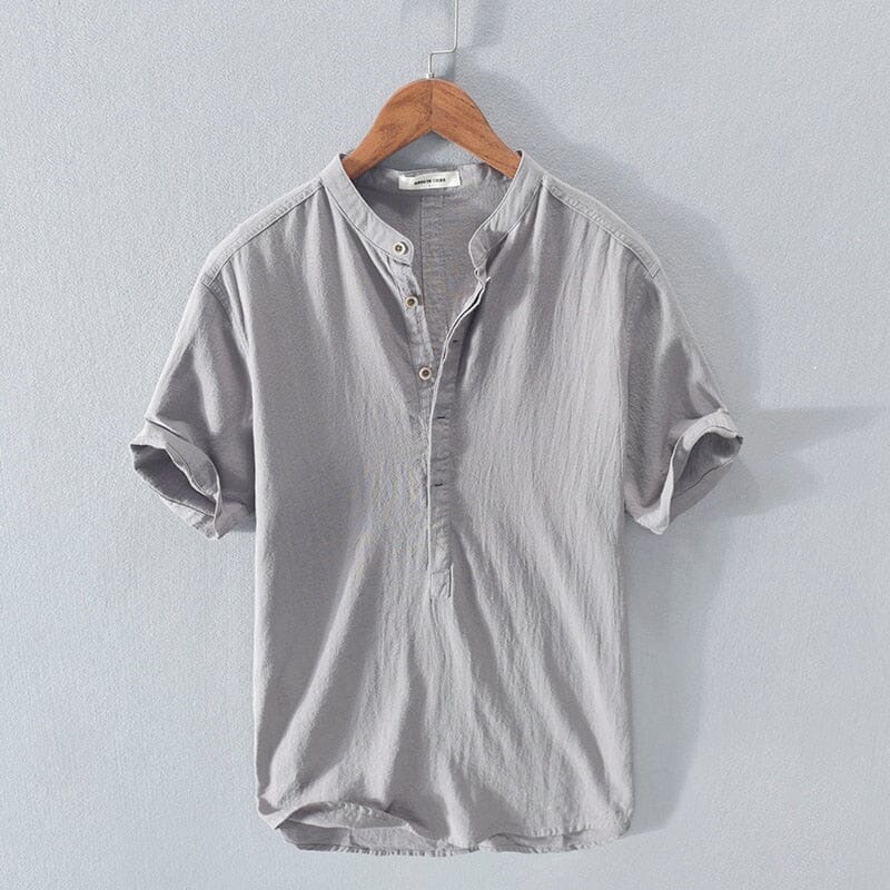 Herren Leinenhemd Kurzarm | Lässiges Sommerhemd mit Stehkragen [ Herrenkollektion - Leinenhemden - Frühling & Sommer '25 ] 27 - Herren Leinenhemd Kurzarm Gratti Paris Grau S 