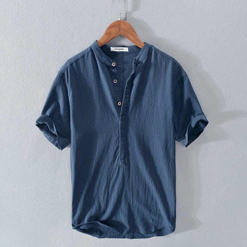 Herren Leinenhemd Kurzarm | Lässiges Sommerhemd mit Stehkragen [ Herrenkollektion - Leinenhemden - Frühling & Sommer '25 ] 27 - Herren Leinenhemd Kurzarm Gratti Paris Marineblau S 