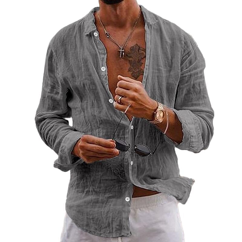 Herren Leinenhemd Langarm | Lässiges Sommerhemd grau [ Herrenkollektion - Leinenhemden - Langarmhemden ] 132 - Herren Leinenhemd Langarm Gratti Paris 