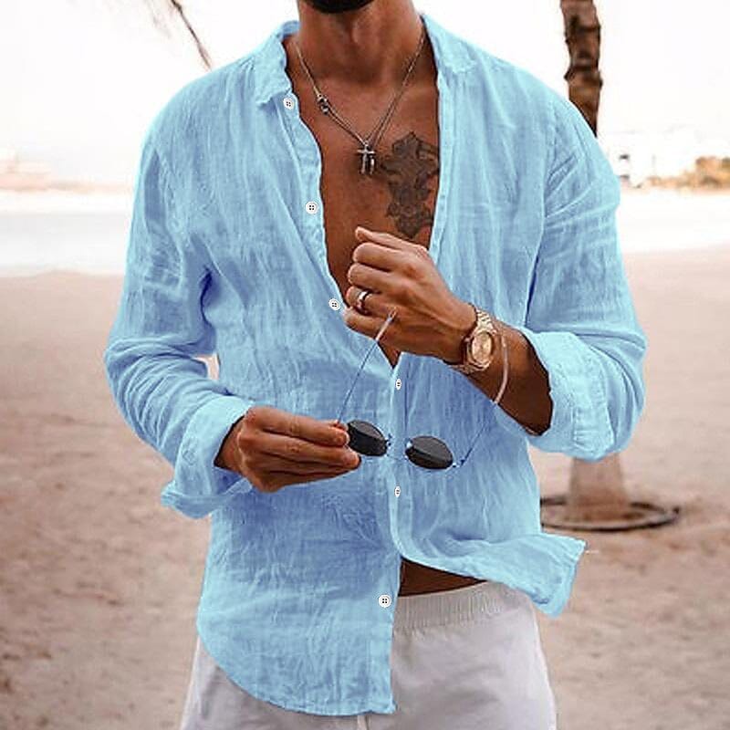 Herren Leinenhemd Langarm | Lässiges Sommerhemd grau [ Herrenkollektion - Leinenhemden - Langarmhemden ] 132 - Herren Leinenhemd Langarm Gratti Paris Blau XS 