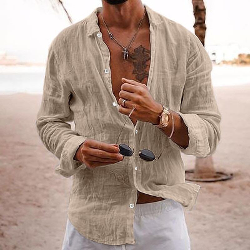 Herren Leinenhemd Langarm | Lässiges Sommerhemd grau [ Herrenkollektion - Leinenhemden - Langarmhemden ] 132 - Herren Leinenhemd Langarm Gratti Paris Hellkhaki XS 