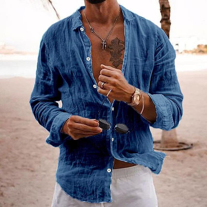 Herren Leinenhemd Langarm | Lässiges Sommerhemd grau [ Herrenkollektion - Leinenhemden - Langarmhemden ] 132 - Herren Leinenhemd Langarm Gratti Paris Marineblau XS 