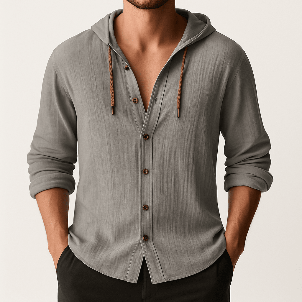 Herren Leinenhemd mit Kapuze | Lässiges Sommerhemd Marineblau [ Herrenkollektion - Jacken - Leinenhemden ] 291 - Herren Leinenhemd mit Kapuze Gratti Offiziell Grau XS 