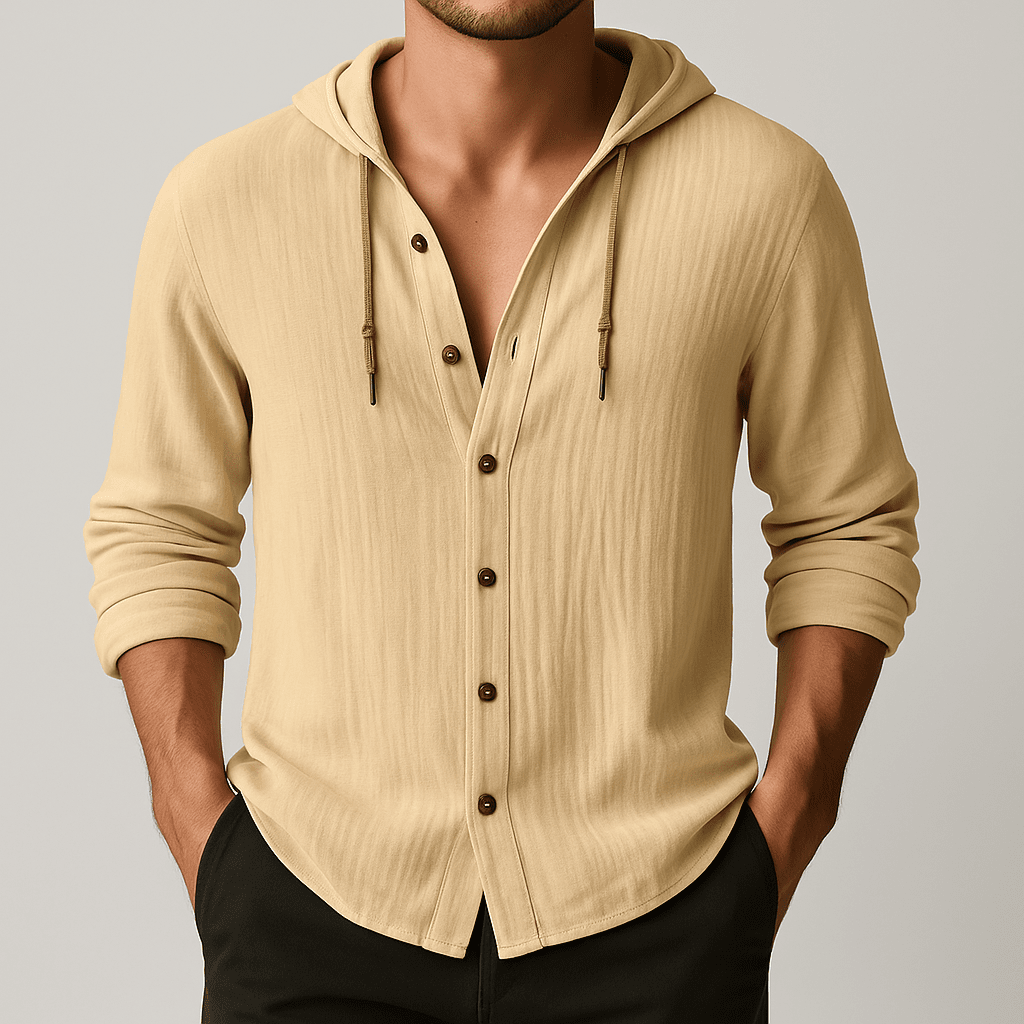 Herren Leinenhemd mit Kapuze | Lässiges Sommerhemd Marineblau [ Herrenkollektion - Jacken - Leinenhemden ] 291 - Herren Leinenhemd mit Kapuze Gratti Offiziell Khaki XS 