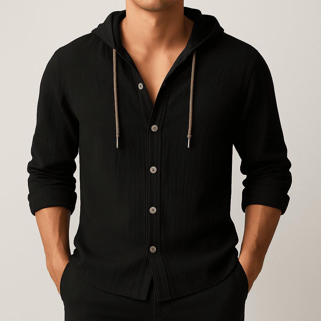 Herren Leinenhemd mit Kapuze | Lässiges Sommerhemd Marineblau [ Herrenkollektion - Jacken - Leinenhemden ] 291 - Herren Leinenhemd mit Kapuze Gratti Offiziell Schwarz XS 