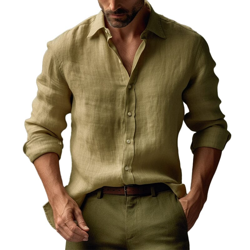 Herren Leinenhemd Slim Fit | Lässiges Sommerhemd olivgrün [ Herrenkollektion - Leinenhemden - Langarmhemden ] 148 - Herren Leinenhemd Slim Fit Gratti Paris Hellkhaki S 