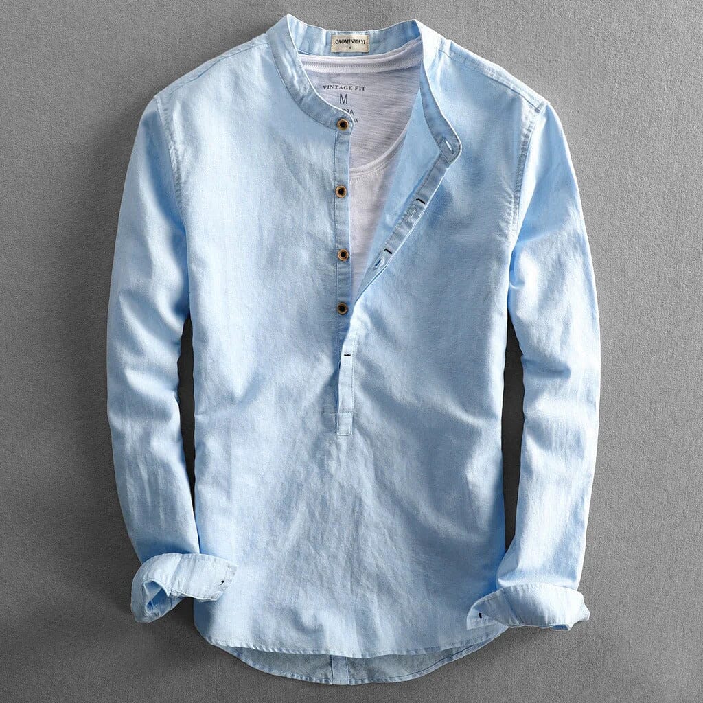 Herren Leinenhemd Stehkragen | Atmungsaktives Sommerhemd [ Herrenkollektion - Leinenhemden - Langarmhemden ] 6 - Herren Leinenhemd Stehkragen Gratti Paris Blau S 