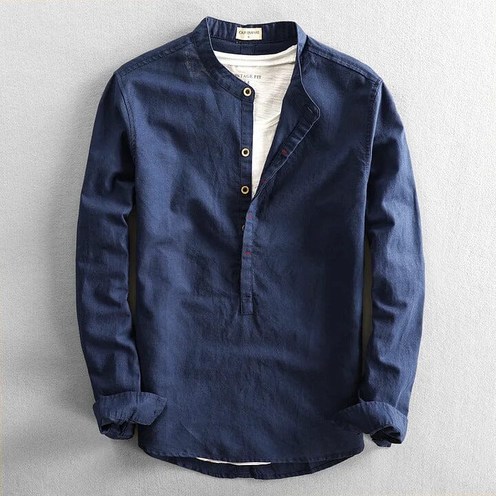 Herren Leinenhemd Stehkragen | Atmungsaktives Sommerhemd [ Herrenkollektion - Leinenhemden - Langarmhemden ] 6 - Herren Leinenhemd Stehkragen Gratti Paris Marineblau S 