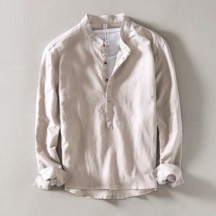 Herren Leinenhemd Stehkragen | Lässiges Langarm Freizeithemd dunkelblau [ Herrenkollektion - Leinenhemden - Langarmhemden ] 57 - Herren Leinenhemd Stehkragen Gratti Paris Grau S 