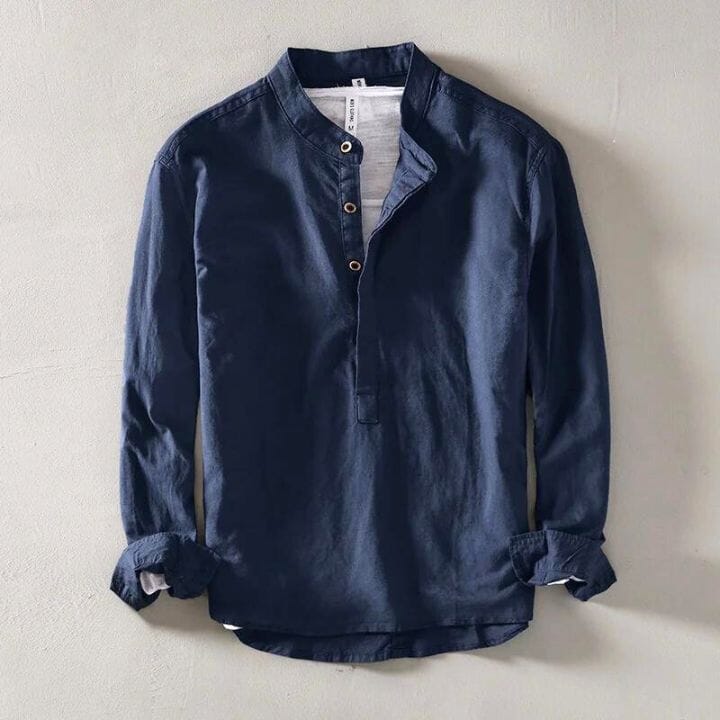 Herren Leinenhemd Stehkragen | Lässiges Langarm Freizeithemd dunkelblau [ Herrenkollektion - Leinenhemden - Langarmhemden ] 57 - Herren Leinenhemd Stehkragen Gratti Paris Marineblau S 