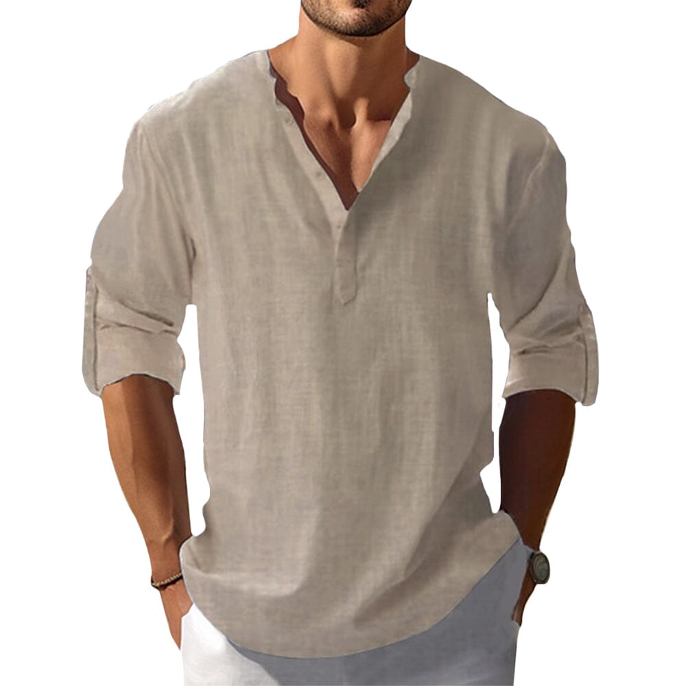 Herren Leinenhemd V-Ausschnitt | Lässiges Sommerhemd weiß [ Herrenkollektion - Leinenhemden - Langarmhemden ] 25 - Herren Leinenhemd V-Ausschnitt Gratti Paris Khaki S 
