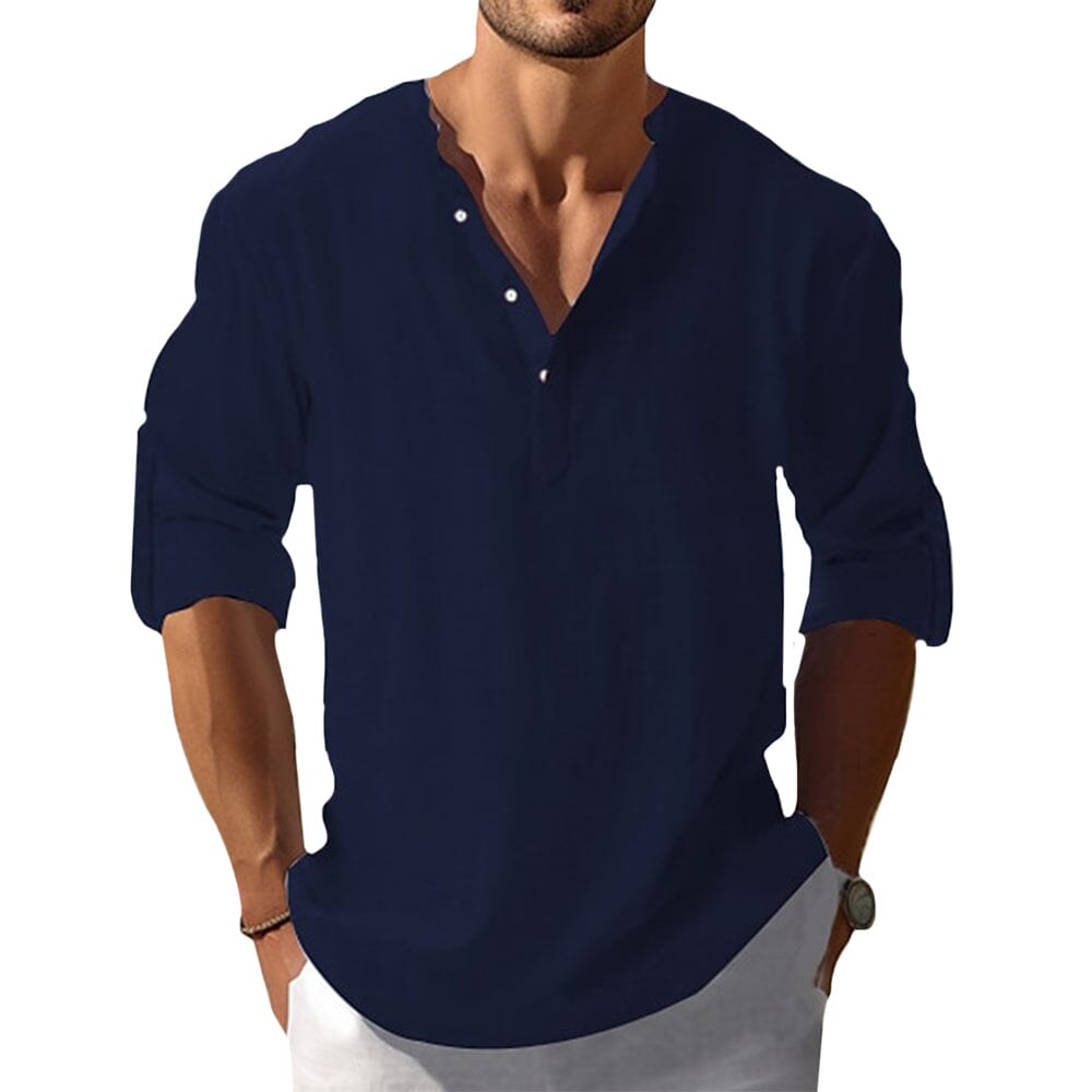 Herren Leinenhemd V-Ausschnitt | Lässiges Sommerhemd weiß [ Herrenkollektion - Leinenhemden - Langarmhemden ] 25 - Herren Leinenhemd V-Ausschnitt Gratti Paris Marineblau S 