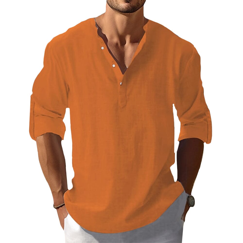 Herren Leinenhemd V-Ausschnitt | Lässiges Sommerhemd weiß [ Herrenkollektion - Leinenhemden - Langarmhemden ] 25 - Herren Leinenhemd V-Ausschnitt Gratti Paris Orange S 