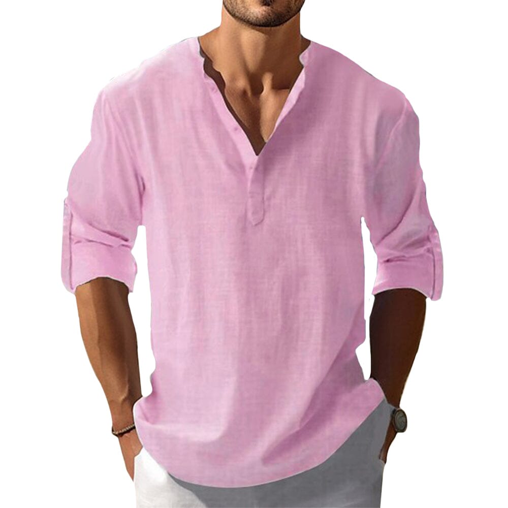 Herren Leinenhemd V-Ausschnitt | Lässiges Sommerhemd weiß [ Herrenkollektion - Leinenhemden - Langarmhemden ] 25 - Herren Leinenhemd V-Ausschnitt Gratti Paris Pink S 