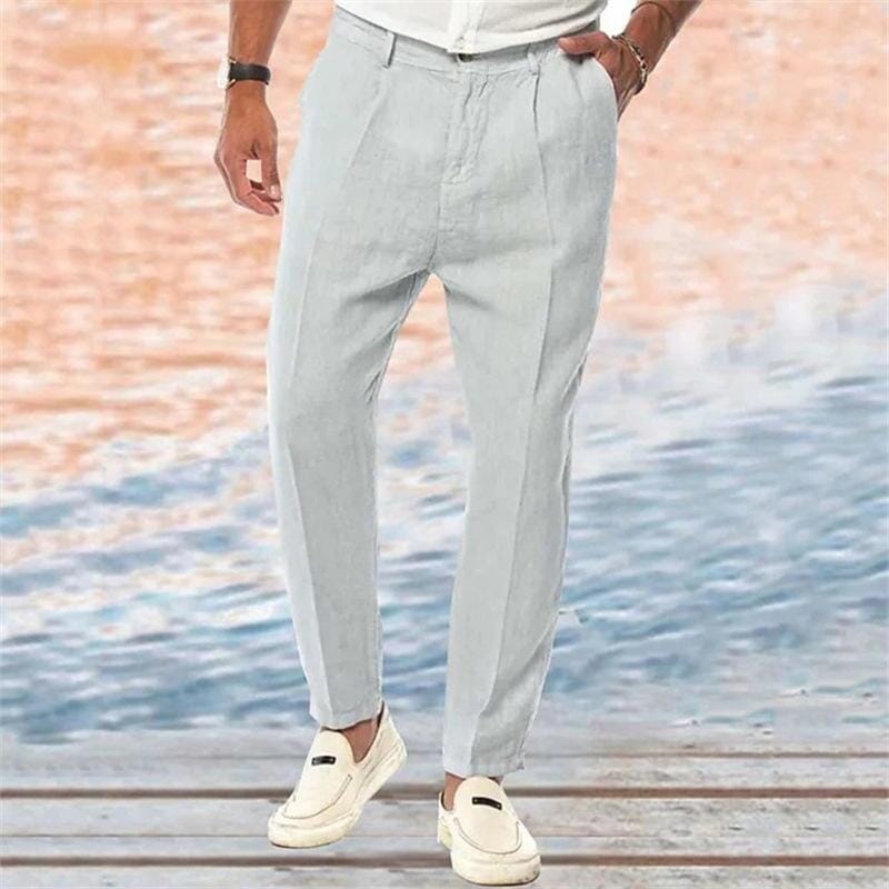Herren Leinenhose Bundfalten | Elegante Sommerhose atmungsaktiv hellgrau [ Herrenkollektion - Frühling & Sommer '25 - Leinensets ] 115 - Herren Leinenhose Bundfalten Gratti Paris Hellgrau S 