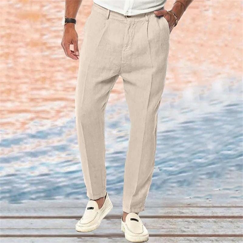 Herren Leinenhose Bundfalten | Elegante Sommerhose atmungsaktiv hellgrau [ Herrenkollektion - Frühling & Sommer '25 - Leinensets ] 115 - Herren Leinenhose Bundfalten Gratti Paris Khaki S 