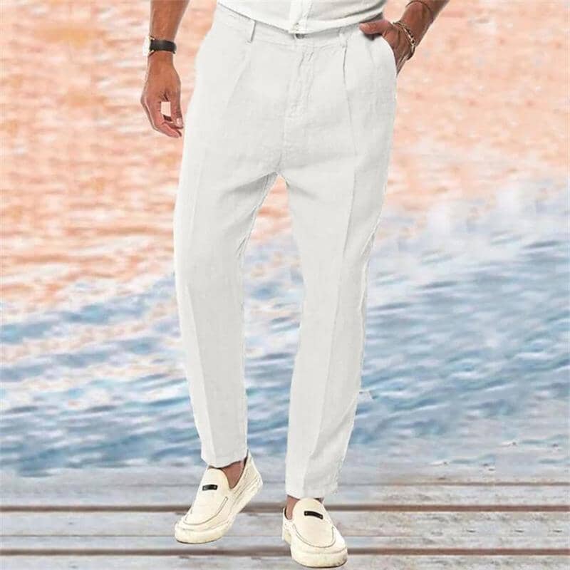 Herren Leinenhose Bundfalten | Elegante Sommerhose atmungsaktiv hellgrau [ Herrenkollektion - Frühling & Sommer '25 - Leinensets ] 115 - Herren Leinenhose Bundfalten Gratti Paris Weiß S 