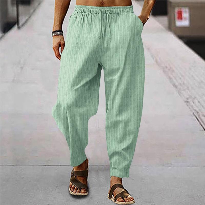 Herren Leinenhose gestreift | Bequeme Sommerhose mit Kordelzug grün [ Herrenkollektion - Frühling & Sommer '25 - Leinensets ] 96 - Herren Leinenhose gestreift Gratti Paris 