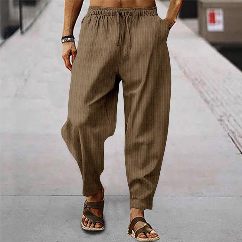Herren Leinenhose gestreift | Bequeme Sommerhose mit Kordelzug grün [ Herrenkollektion - Frühling & Sommer '25 - Leinensets ] 96 - Herren Leinenhose gestreift Gratti Paris Braun S 