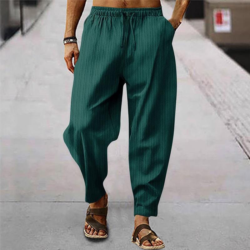 Herren Leinenhose gestreift | Bequeme Sommerhose mit Kordelzug grün [ Herrenkollektion - Frühling & Sommer '25 - Leinensets ] 96 - Herren Leinenhose gestreift Gratti Paris Dunkelgrün S 