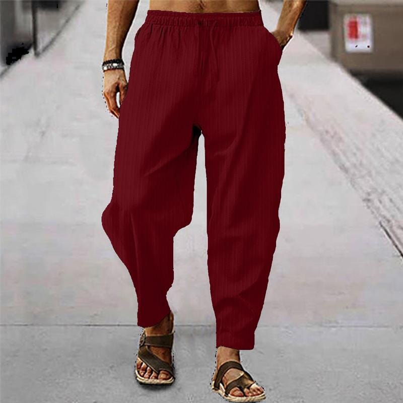 Herren Leinenhose gestreift | Bequeme Sommerhose mit Kordelzug grün [ Herrenkollektion - Frühling & Sommer '25 - Leinensets ] 96 - Herren Leinenhose gestreift Gratti Paris Dunkelrot S 
