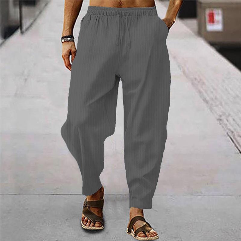 Herren Leinenhose gestreift | Bequeme Sommerhose mit Kordelzug grün [ Herrenkollektion - Frühling & Sommer '25 - Leinensets ] 96 - Herren Leinenhose gestreift Gratti Paris Grau S 