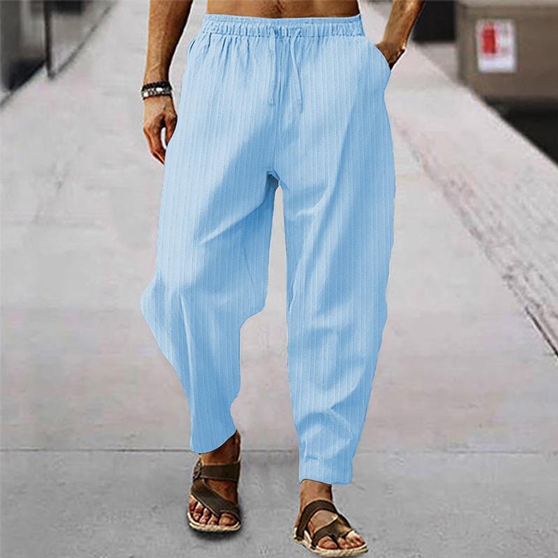 Herren Leinenhose gestreift | Bequeme Sommerhose mit Kordelzug grün [ Herrenkollektion - Frühling & Sommer '25 - Leinensets ] 96 - Herren Leinenhose gestreift Gratti Paris Hellblau S 