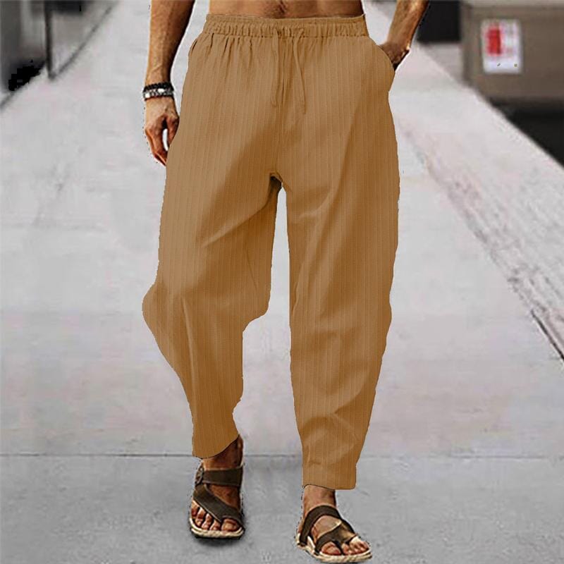 Herren Leinenhose gestreift | Bequeme Sommerhose mit Kordelzug grün [ Herrenkollektion - Frühling & Sommer '25 - Leinensets ] 96 - Herren Leinenhose gestreift Gratti Paris Hellbraun S 
